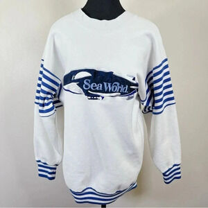 Jostens White Blue  Striped Sea World Crew Neck Sweatshirt